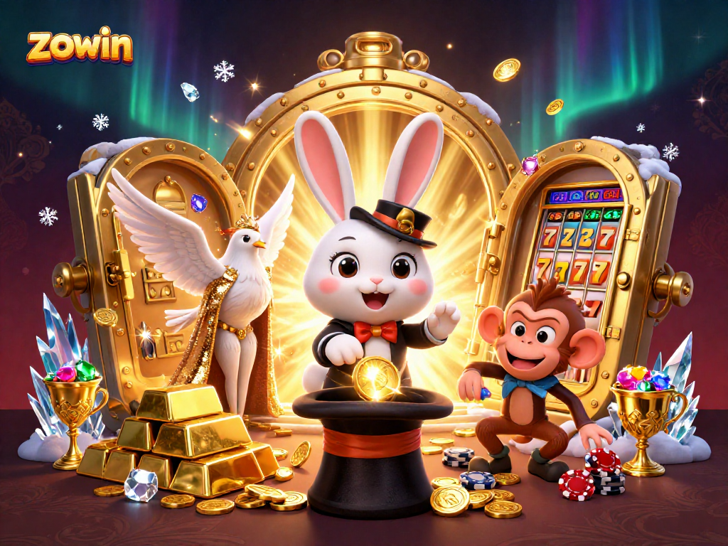 Experience the thrill of ZOWIN as a magician rabbit conjures coins amidst vibrant casino elements.