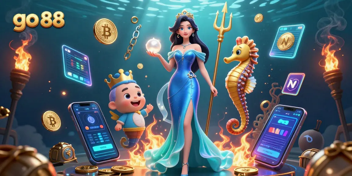 Engage in the vibrant world of go 88, featuring a seahorse king and a glowing pearl woman surrounded by cryptocurrency elements.