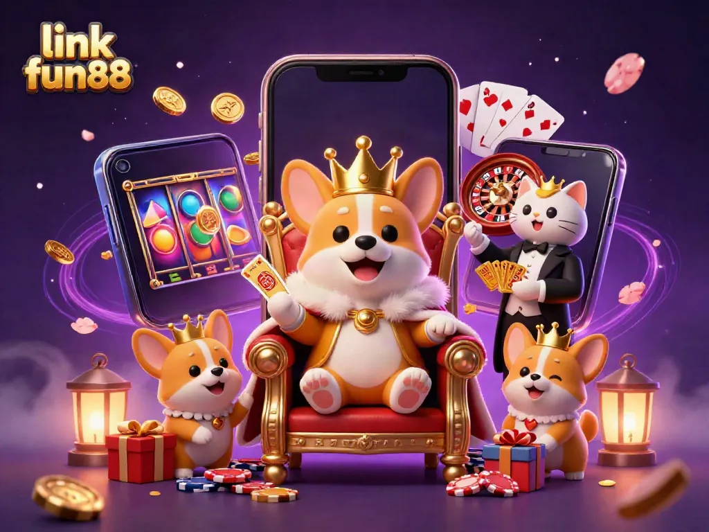 Experience thrilling gameplay with link fun88 as royal corgi and cat butler present a golden deck amidst dynamic casino elements.