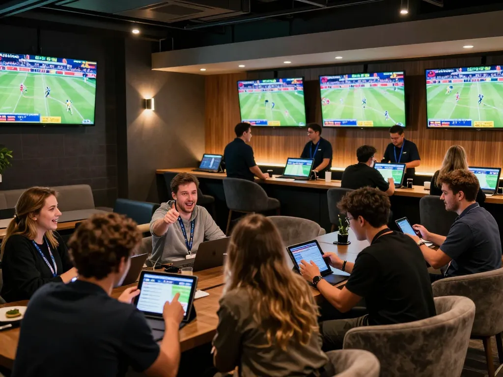 Betting enthusiasts engaged in strategic wagers on j88 sports events at a lively lounge.