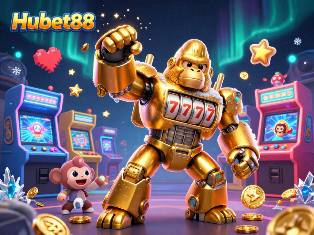 Hubet88 gaming experience with a dynamic golden gorilla mech surrounded by colorful arcade machines