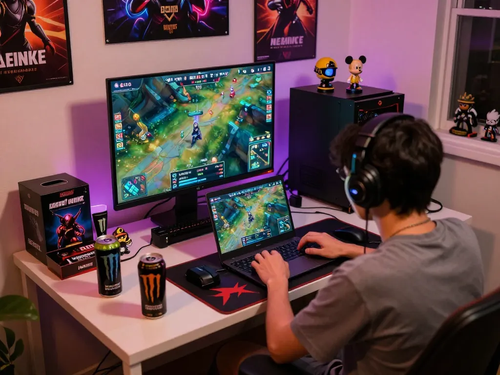 Person engaged in esports betting singapore while using laptop for live match betting, cozy home atmosphere.
