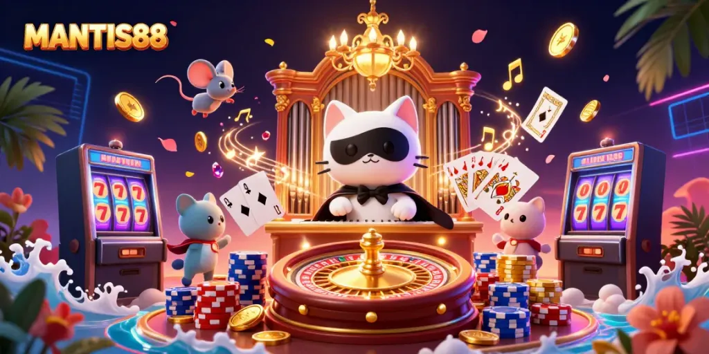 Experience exciting gaming with MANTIS88 at a vibrant casino featuring captivating characters and elements.