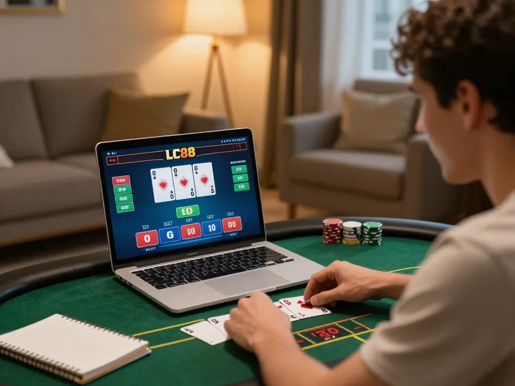 Player engaged in LC88 poker gameplay on laptop at home showcasing responsible gambling habits.