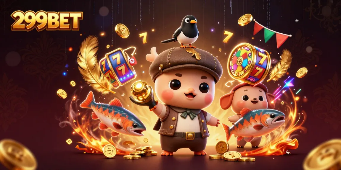 Engage with 299BET's exciting 3D casino world featuring playful characters and vibrant slot game elements.