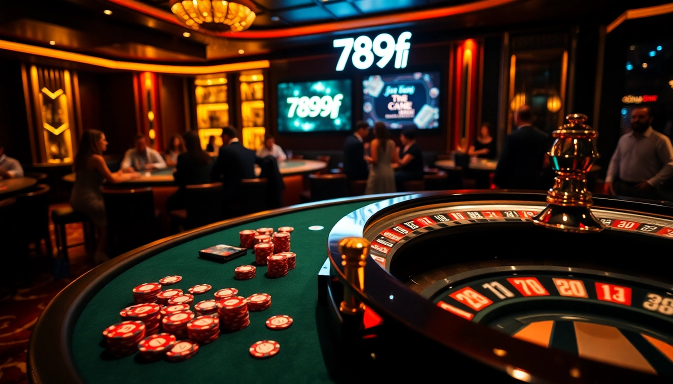 Engaging poker game at a luxurious casino with 789f branding visible, featuring vibrant chips and cards.