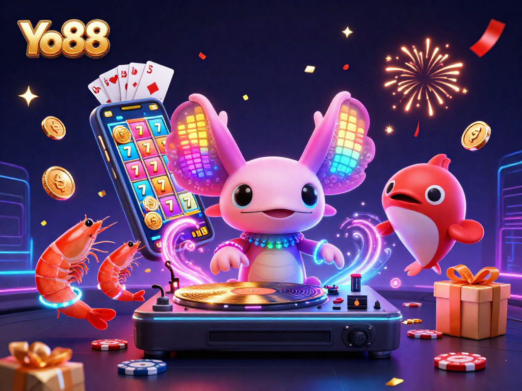 Join the Yo88 party with a vibrant 3D illustration of an axolotl DJ spinning slots and festive games!