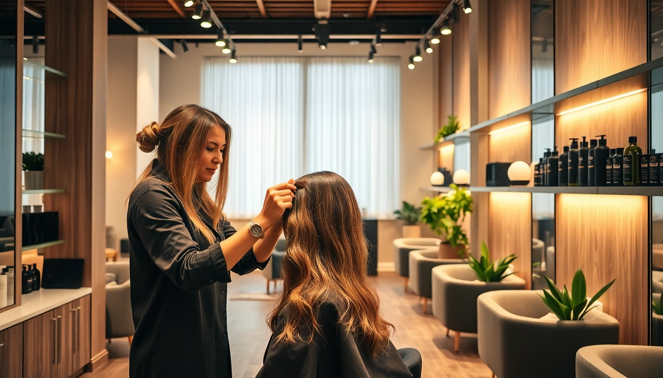 A talented stylist at hair salons San Diego highlights a client's hair in a serene, modern salon environment.