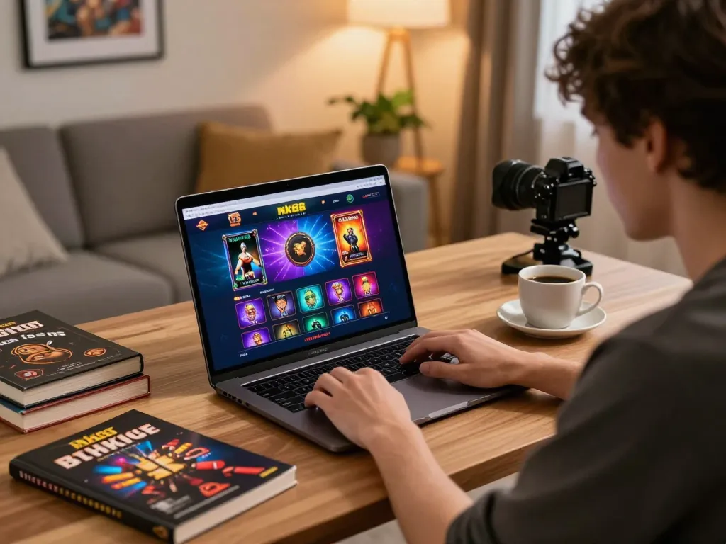 Enjoying engaging online gambling experiences with nk88 on a stylish laptop in a cozy home office setting.