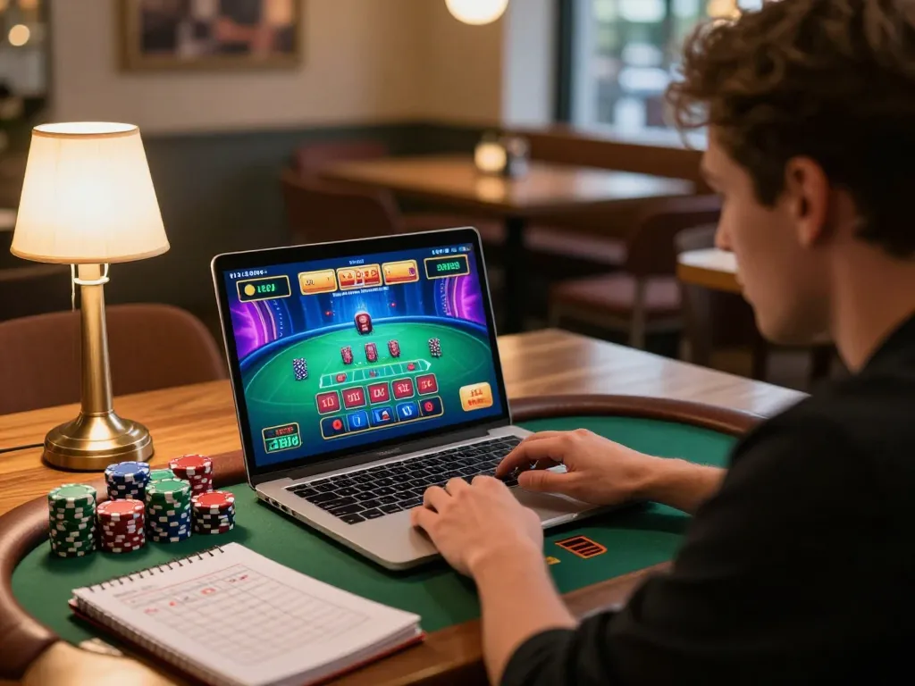 Player enjoys live dealer blackjack at home using kp88s, focused and strategizing with chips and notes.