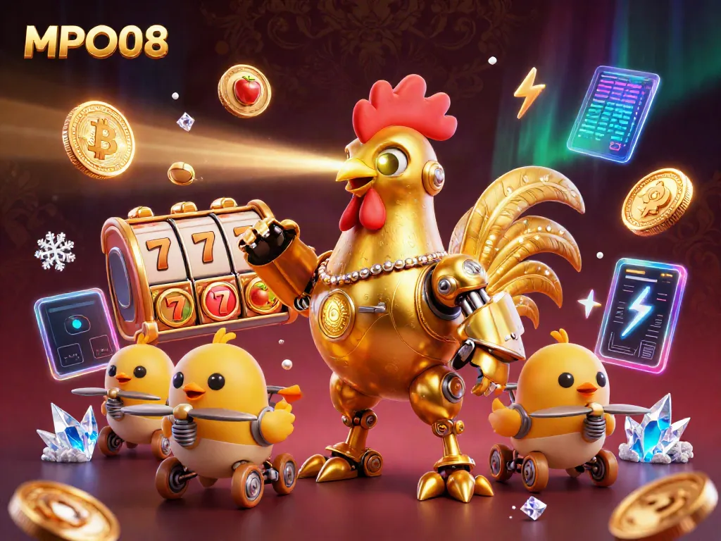 Experience thrilling gameplay at MPO08 with a dynamic illustration showcasing vibrant slot elements and unique creatures.