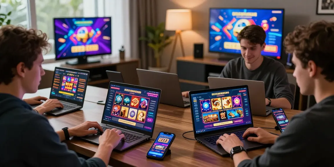 Engaged players exploring non UKGC casinos on laptops and mobile devices in a stylish setup.