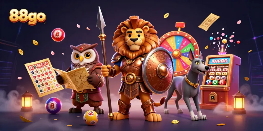 Experience thrilling excitement at 88go with vibrant casino elements like lottery balls and spinning prizes.