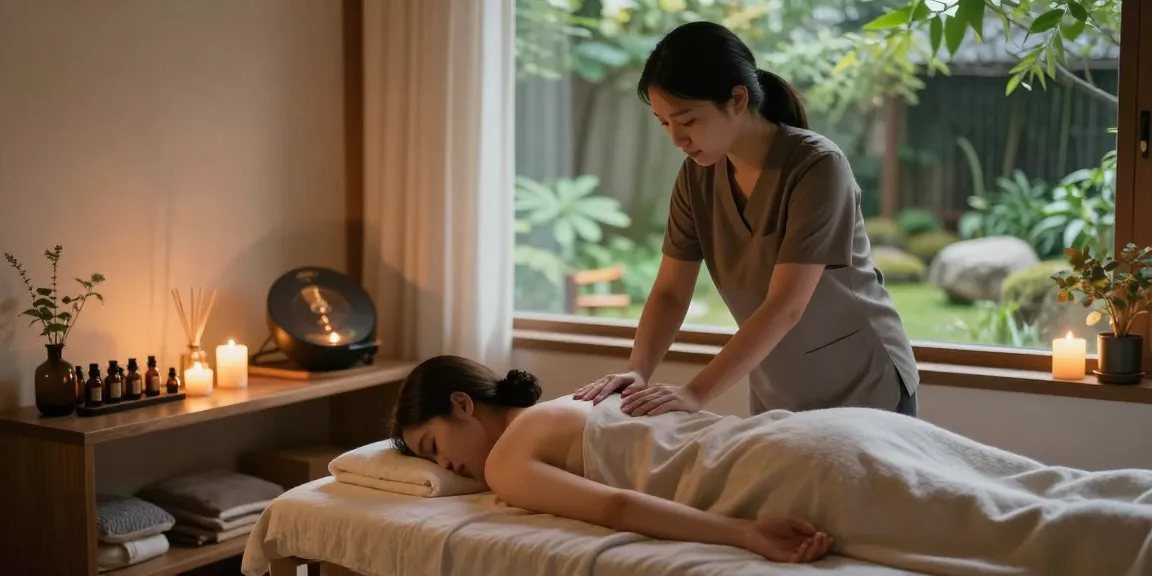 Relaxing 오산출장마사지 session in serene spa environment with candles and natural light.
