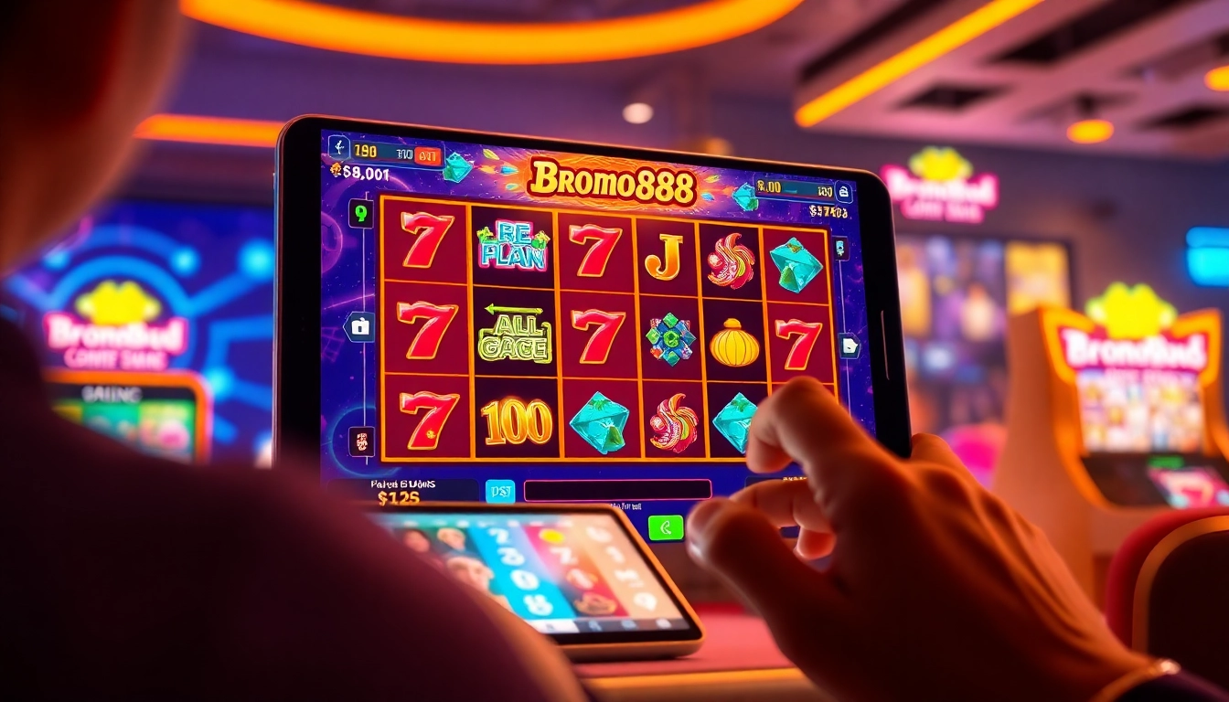 BROMO888 online gaming interface showcasing vibrant slot game interactions and user engagement.