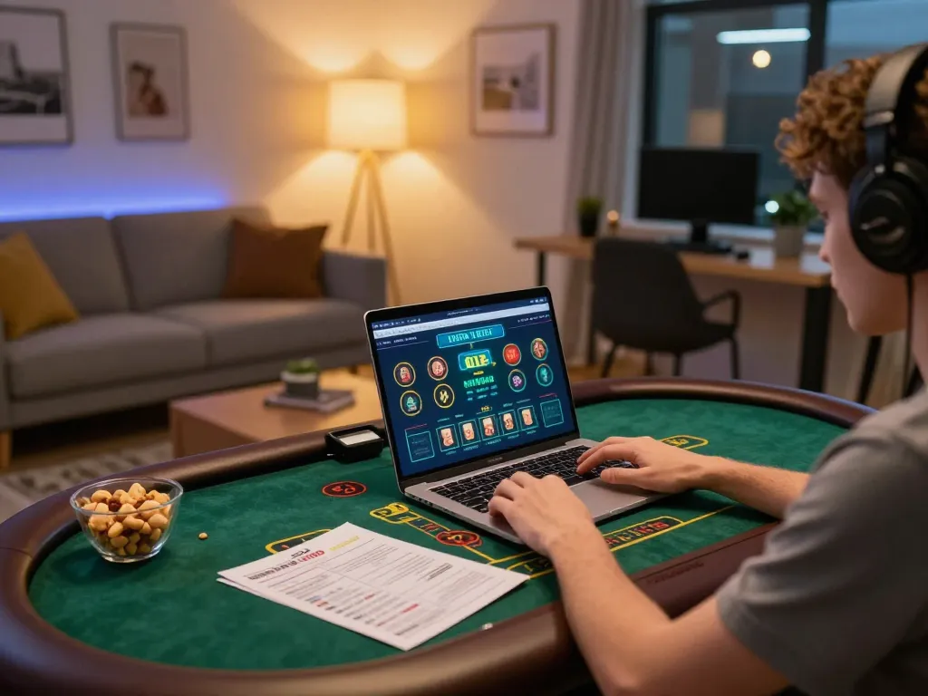 Engaged player using nhà cái cá cược uy tín online platform for live dealer games in a cozy setting