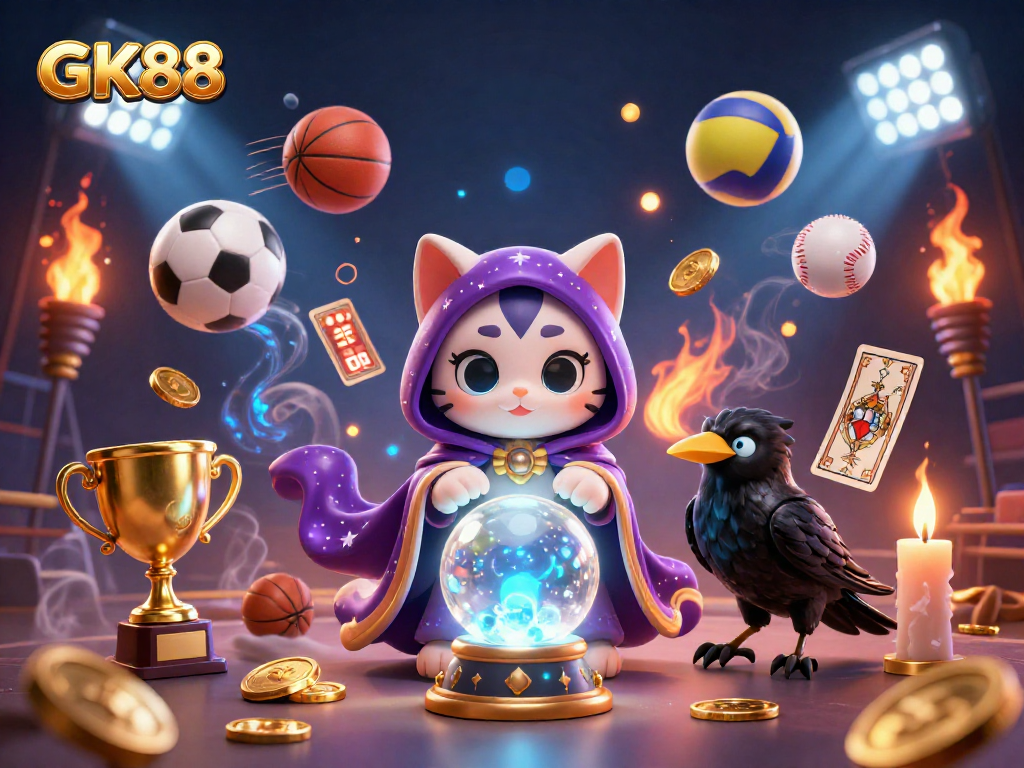 Experience thrilling gameplay at GK88 with a mystical cat and a tarot-card raven amidst sports elements.