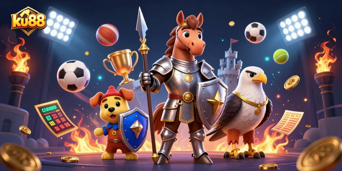 Engage with ku88’s thrilling casino scene full of action, sports elements, and vibrant characters.