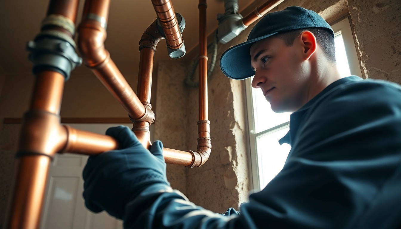 Whole house repiping services Tampa illustrated by a professional plumber installing new pipes.