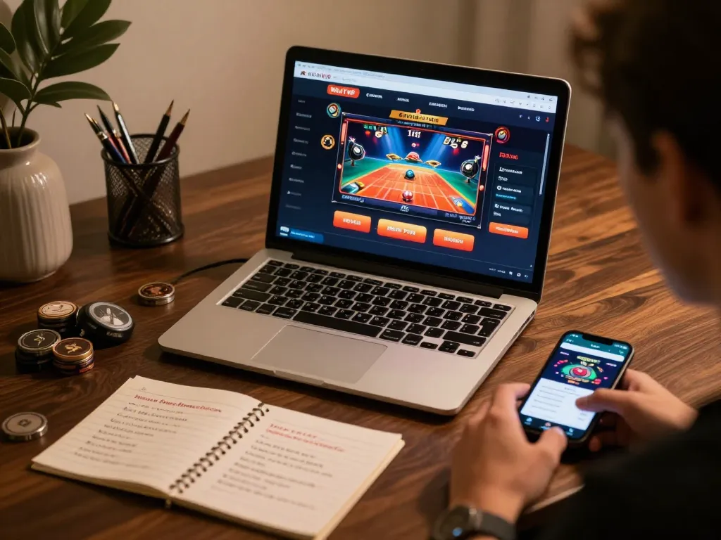 Engaging in online casino gameplay at NHATVIP with laptop and smartphone for strategic betting.