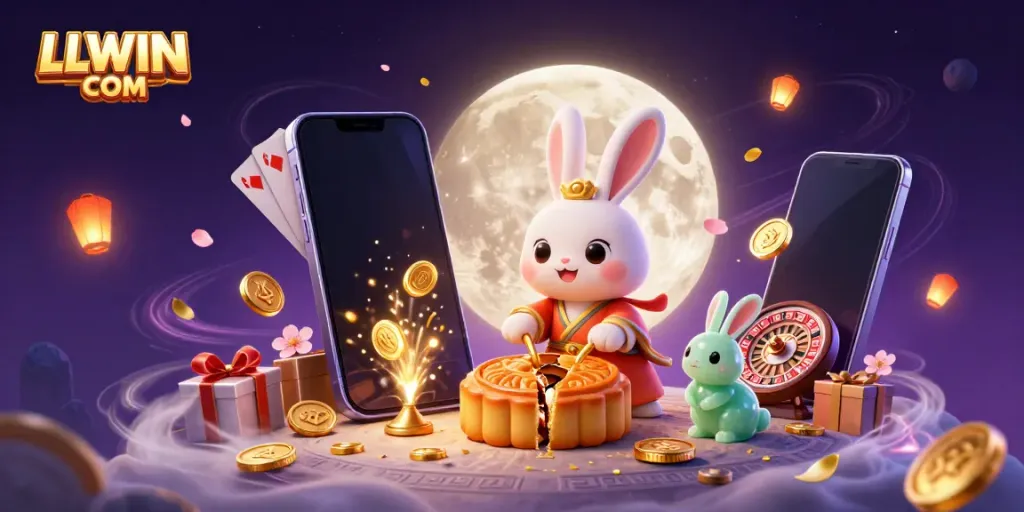 Experience gaming excitement at LLWIN COM with a vibrant 3D casino scene of a moon rabbit and slots.