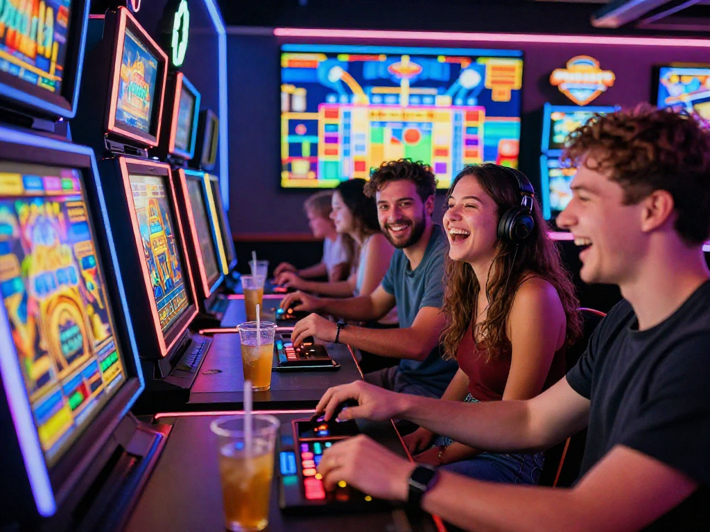 Excited friends exploring gaming patterns at https://rokok88togel.com in a colorful gaming environment.