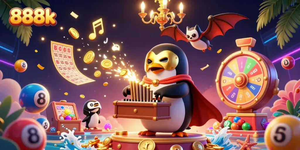 Experience exciting gaming action with 888k as golden coins flow from pipes and vibrant lottery balls bounce.
