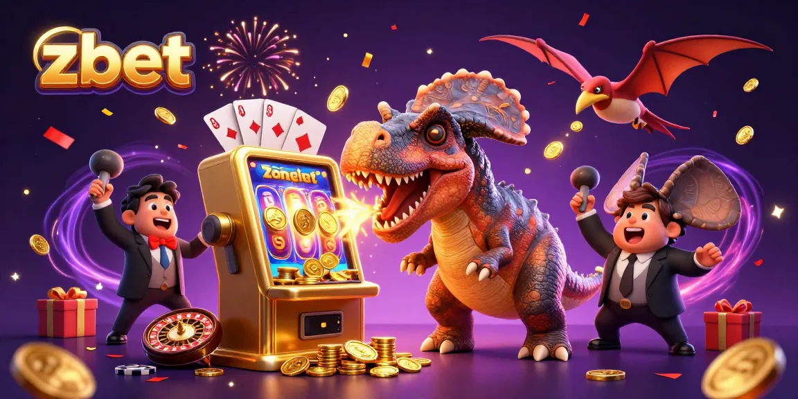 Zbet features a pachycephalosaurus winning a jackpot at a golden slot machine illustrated in vibrant 3D