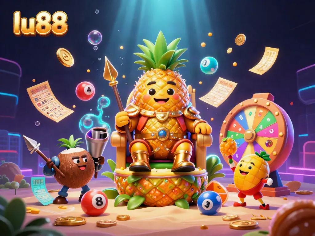 Experience ecstatic entertainment with lu88's vibrant casino scene featuring colorful lottery balls, a joyful pineapple king, and thrilling prizes.