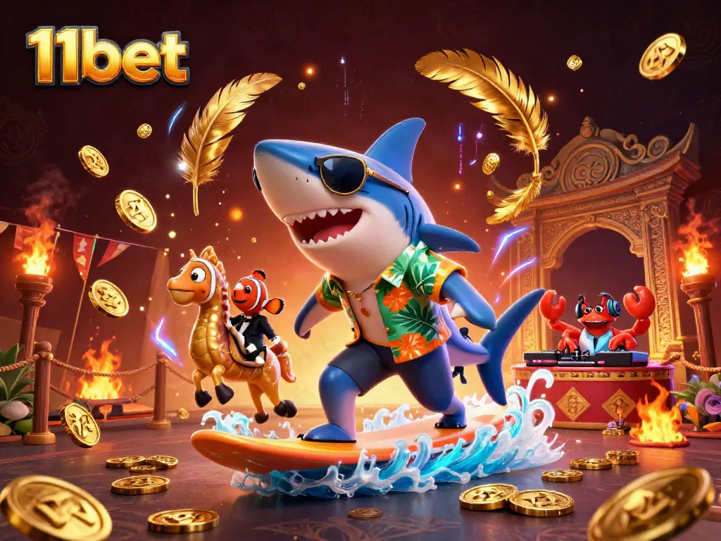 Experience thrilling casino action with 11bet in a vibrant 3D illustration of a shark and friends.