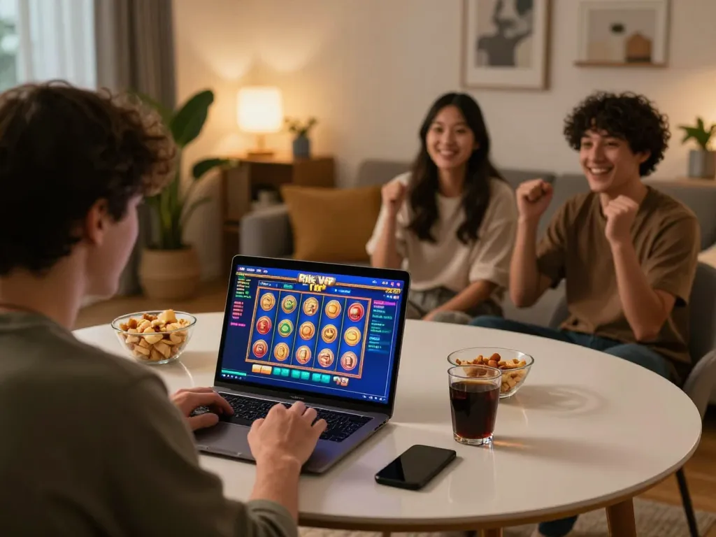Engaged player at Rik VIP showcasing dynamic online gaming interface in a cozy home environment.