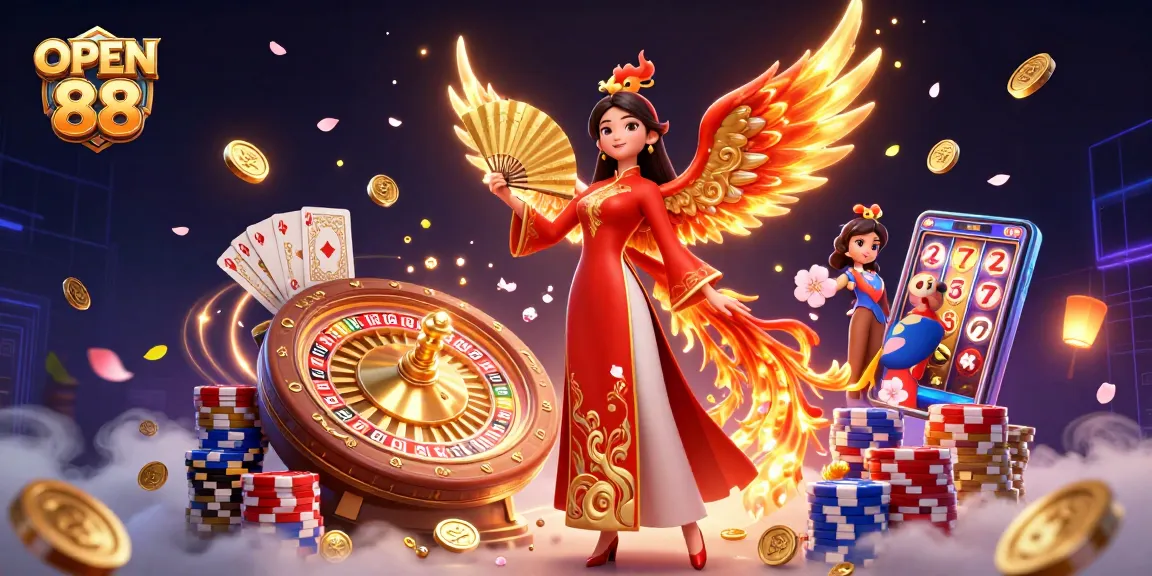 Engage in thrilling gameplay with OPEN 88 featuring vibrant casino elements and dynamic characters.