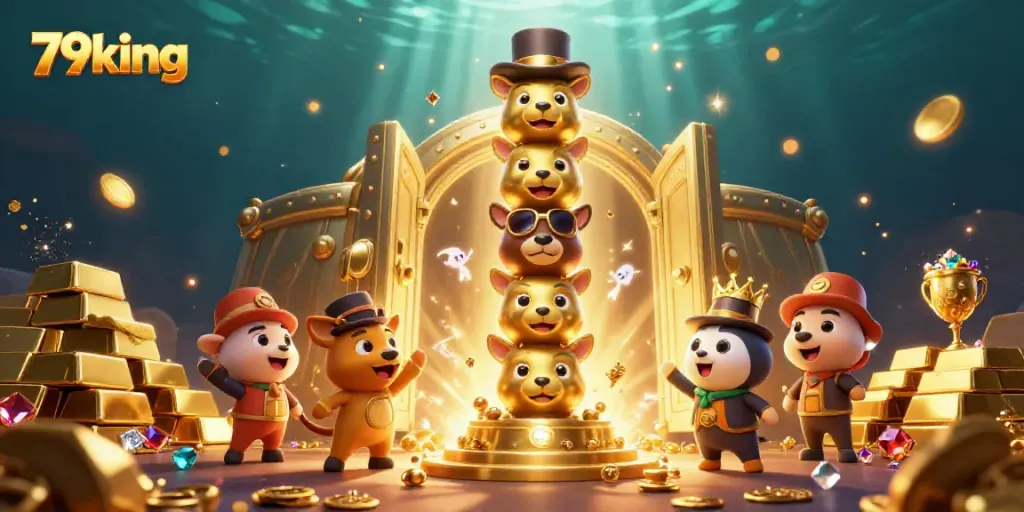 Experience thrilling casino excitement with 79king's vibrant 3D totem scene, showcasing gold treasures and dynamic gaming elements.