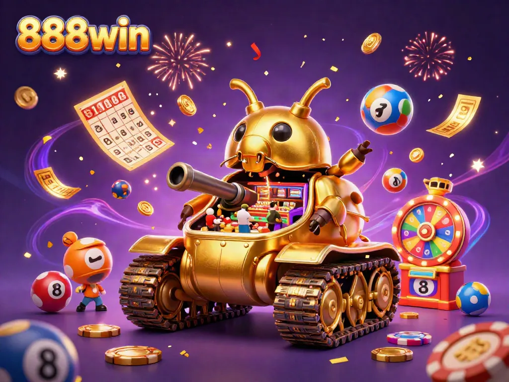 Experience thrilling excitement at 888win with vibrant casino elements, confetti, and a golden beetle.