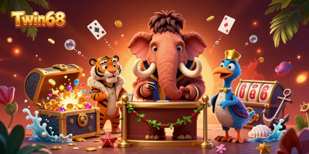 Twin68's lively casino scene featuring a woolly mammoth checking IDs, offering vibrant game elements and captivating visuals.