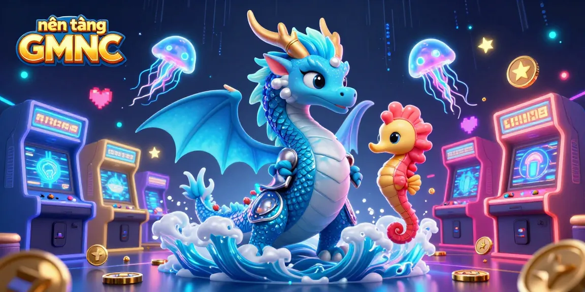 Visualize the nền tảng GMNC with a vibrant illustration featuring dragons, seahorse knights, and neon jellyfish, emphasizing gaming excitement.