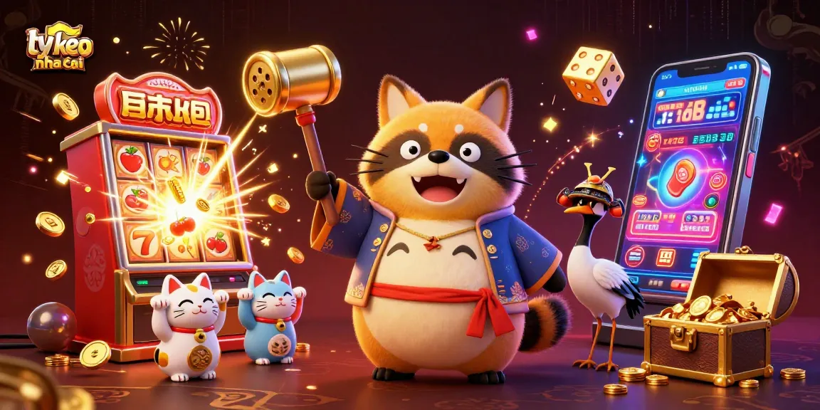 Engage with ty le keo nha cai in this vibrant 3D illustration showcasing a lucky tanuki and casino elements.