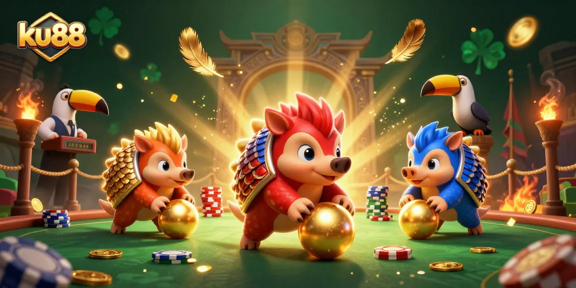 ku88 pangolins compete in a dynamic casino atmosphere with vibrant golden elements.