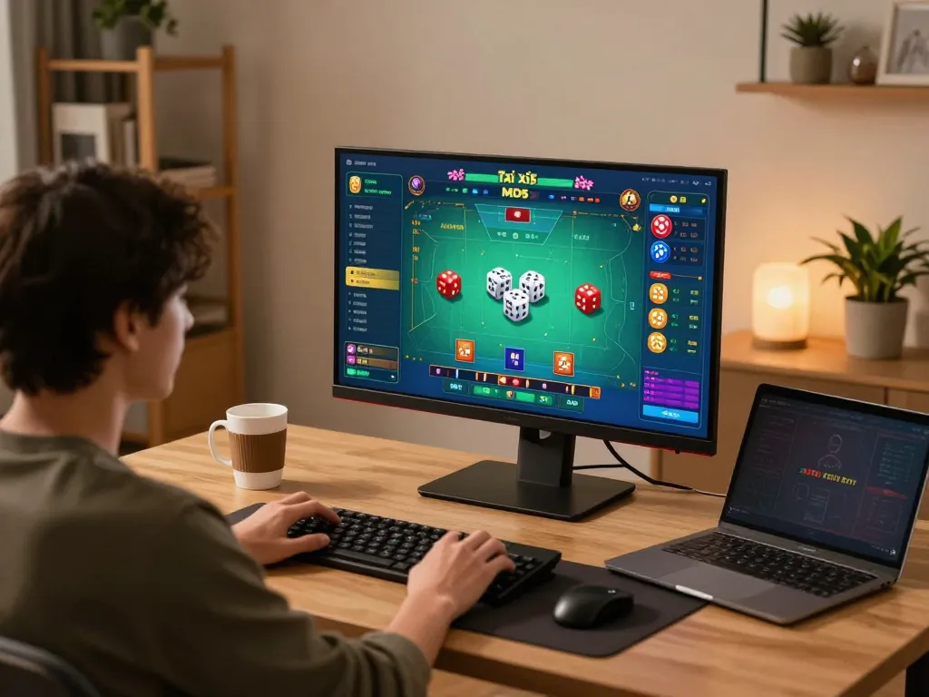 Tài xỉu MD5 gameplay happening on a laptop, highlighting strategic online betting choices in a comfortable home setup.