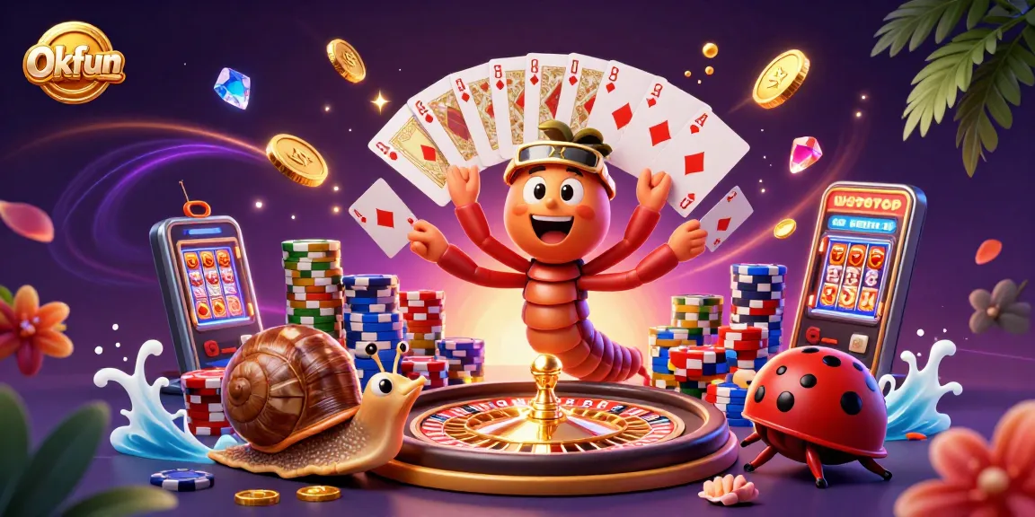 Experience exhilarating gameplay with Okfun featuring a vibrant casino scene of a millipede dealer and high-roller.