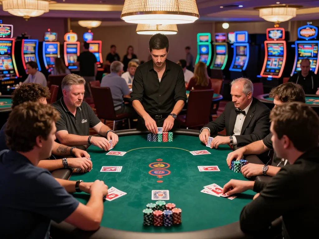 C168 poker scene with players at a live casino table, showcasing strategy and excitement.