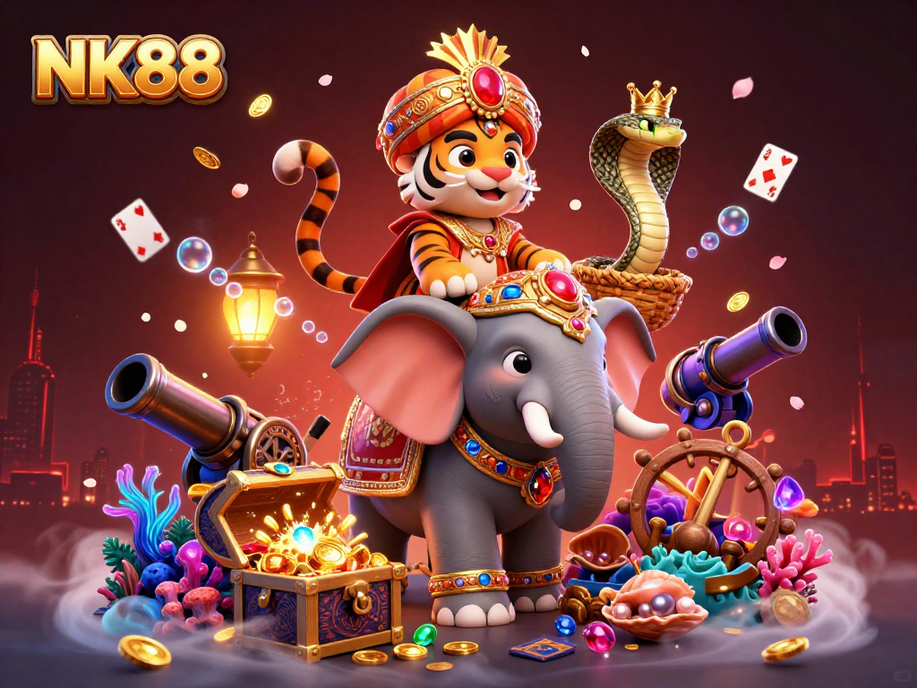 Experience exciting gaming action at NK88 with a vibrant 3D casino illustration showcasing thrilling moments.