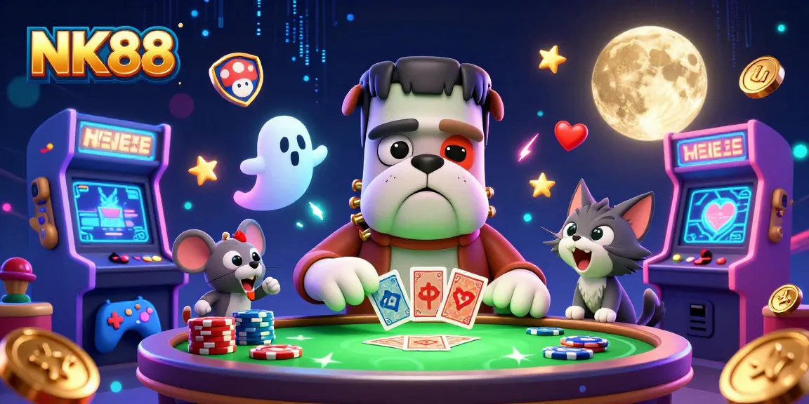 NK88 offers thrilling card games as the Frankenstein bulldog dealer entertains players in a vibrant, spooky casino.