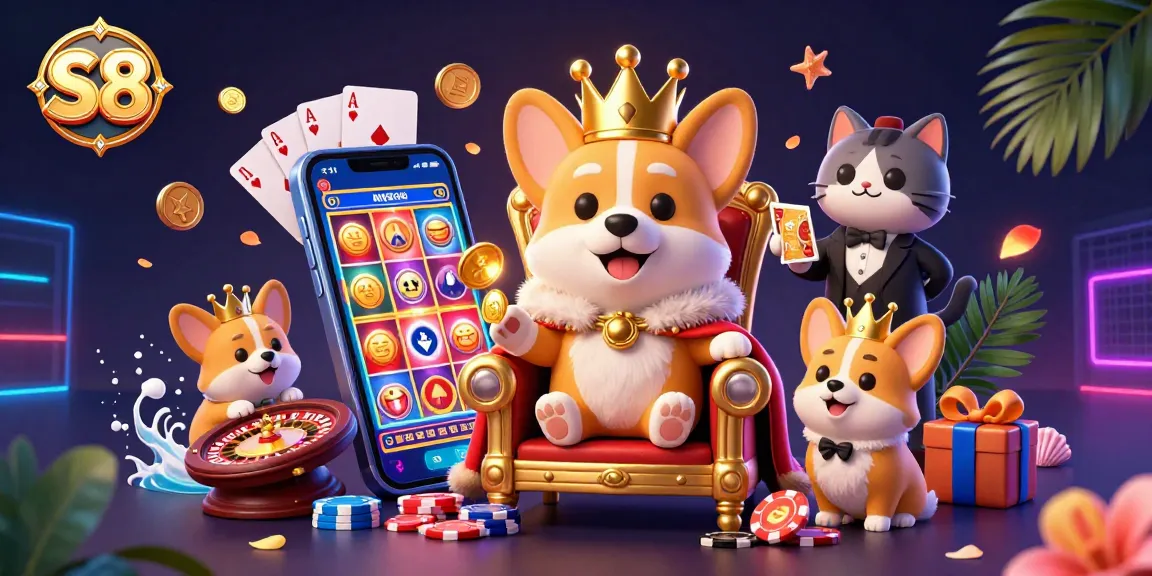 S8 engages players with luxury casino vibes featuring a royal corgi and golden cards.