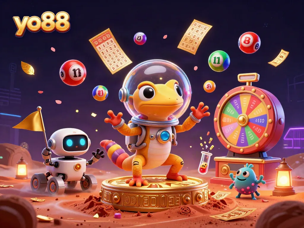 Join the action at yo88 with a Martian gecko discovering a golden casino amidst vibrant gambling elements.