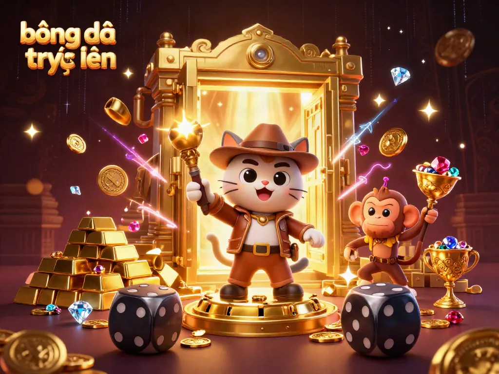 Experience bóng đá trực tuyến in a vibrant, detailed casino-themed scene filled with gold and treasure.