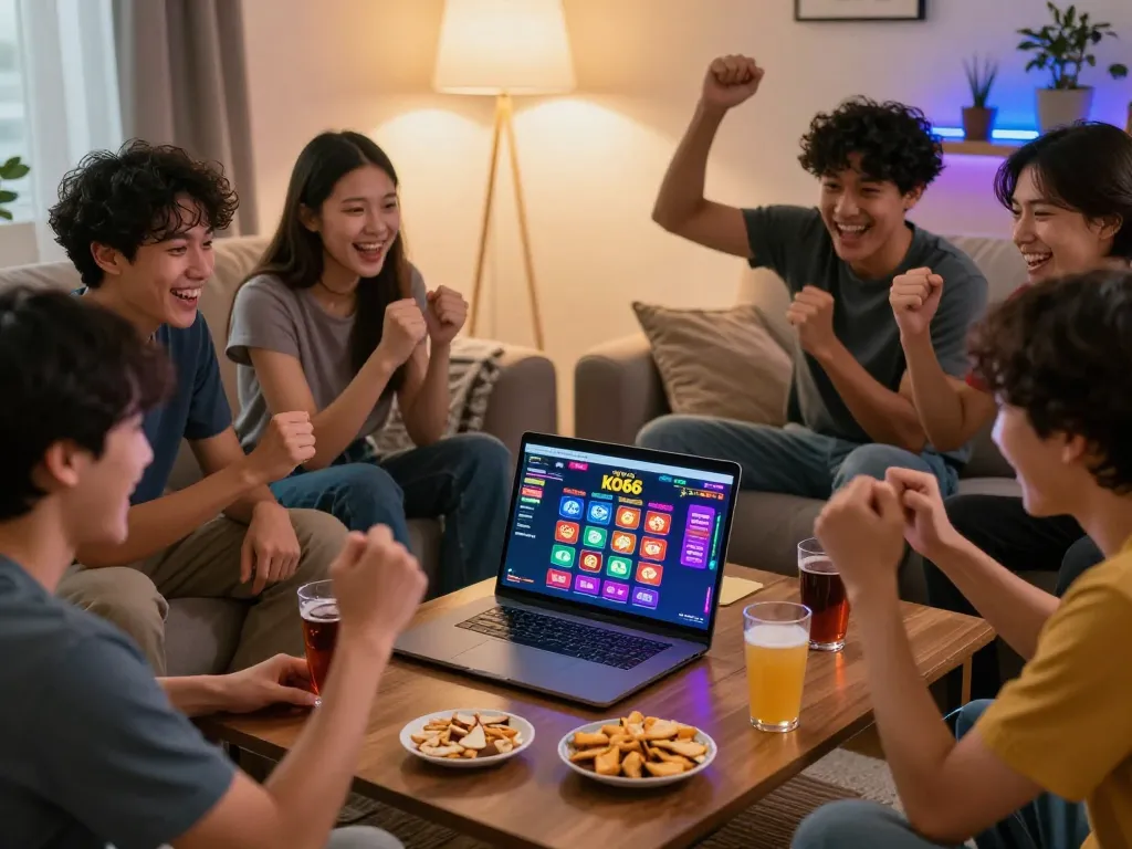 Friends enjoying gaming at nhà cái KO66 in a vibrant home setting, celebrating wins around a laptop.