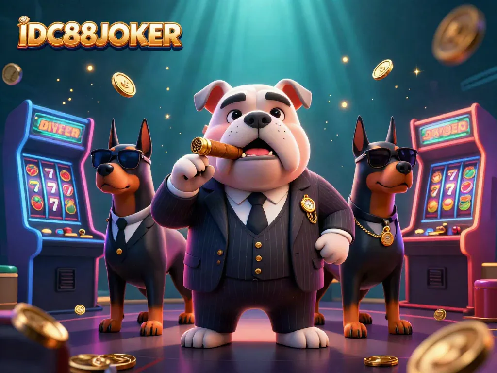 Engage in thrilling games at IDC88JOKER with a vibrant casino scene featuring a mafia boss and cartoon characters.