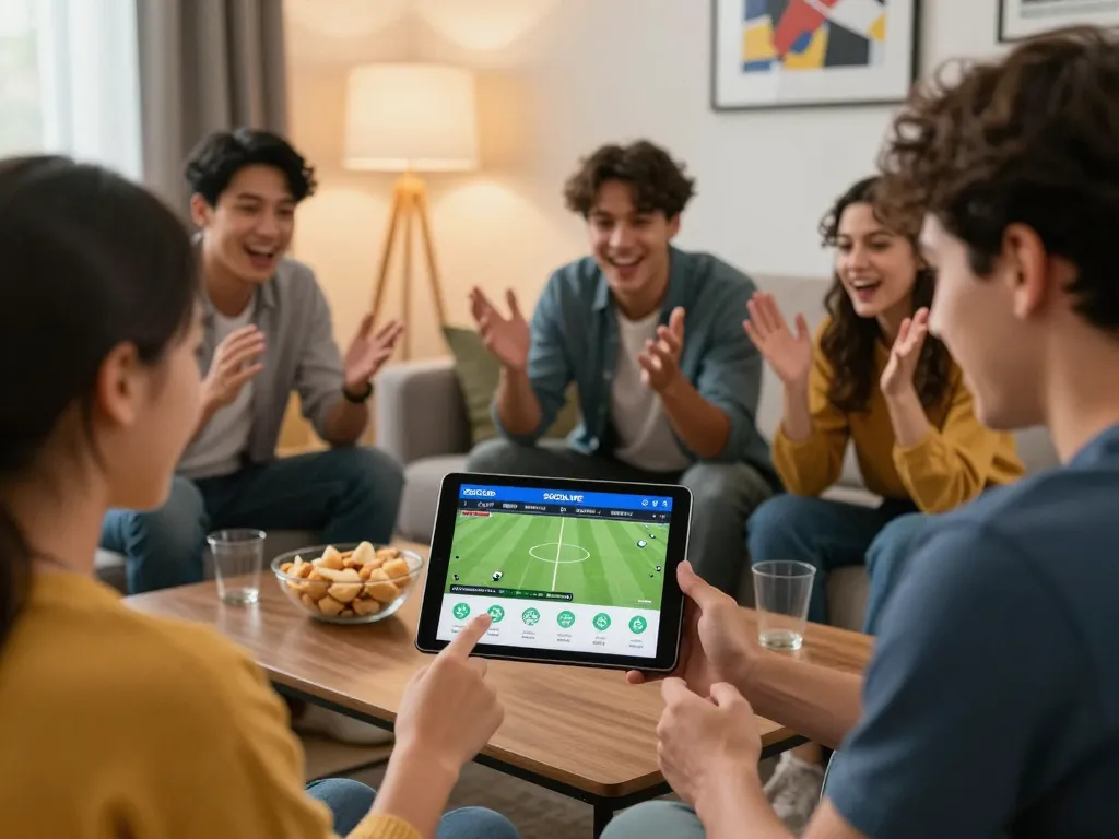 SOCOLIVE app being used in a home setting for live sports betting, friends excitedly placing bets together.