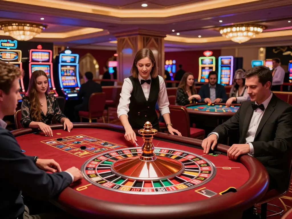 Experience the excitement of 789WIN at a lively roulette table with eager players and a spinning wheel.